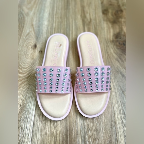 Antonio Melani Gildie Hotfix Embellished Vinyl Slide Sandals Size 7.5 (fits 8.5) - Picture 1 of 4